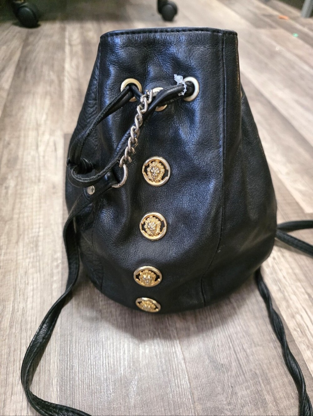 Vintage JEFFREY CAMPBELL Black Leather Drawstring Bucket Bag Gold Medusa Versace